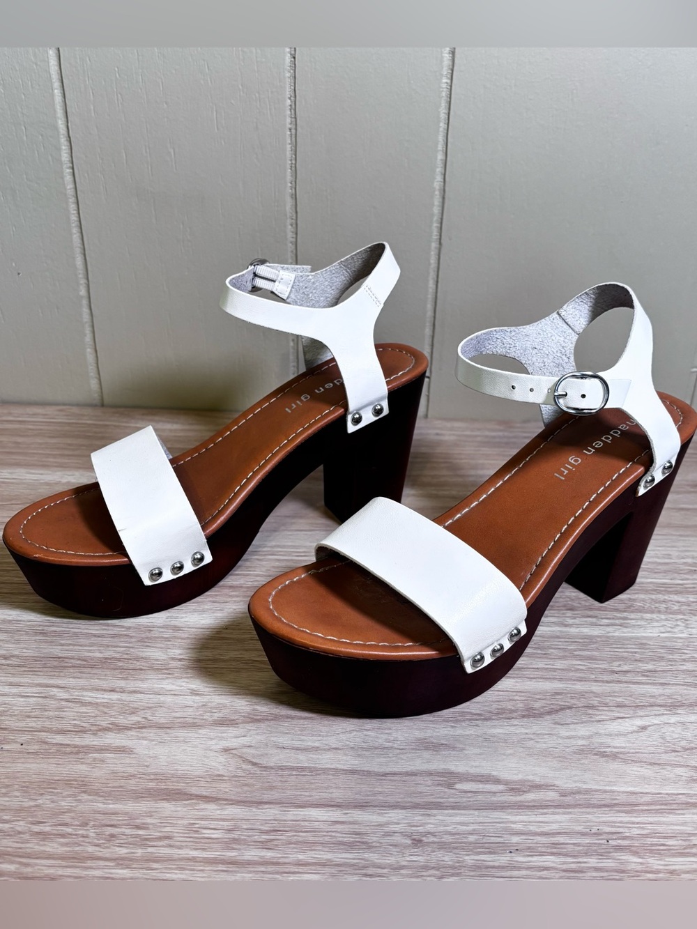 Madden Girl White Leather Platform Block Heel Sandals